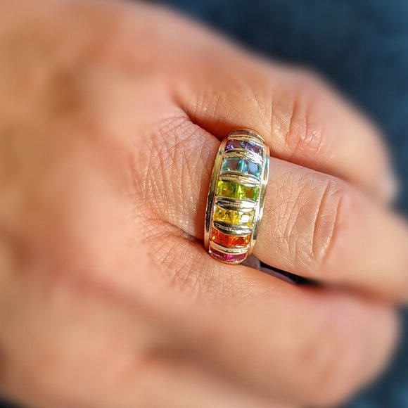 Crystal Multicolor Set Of Two Silver Rings Stackable EUC Trendy - Picture 7 of 12